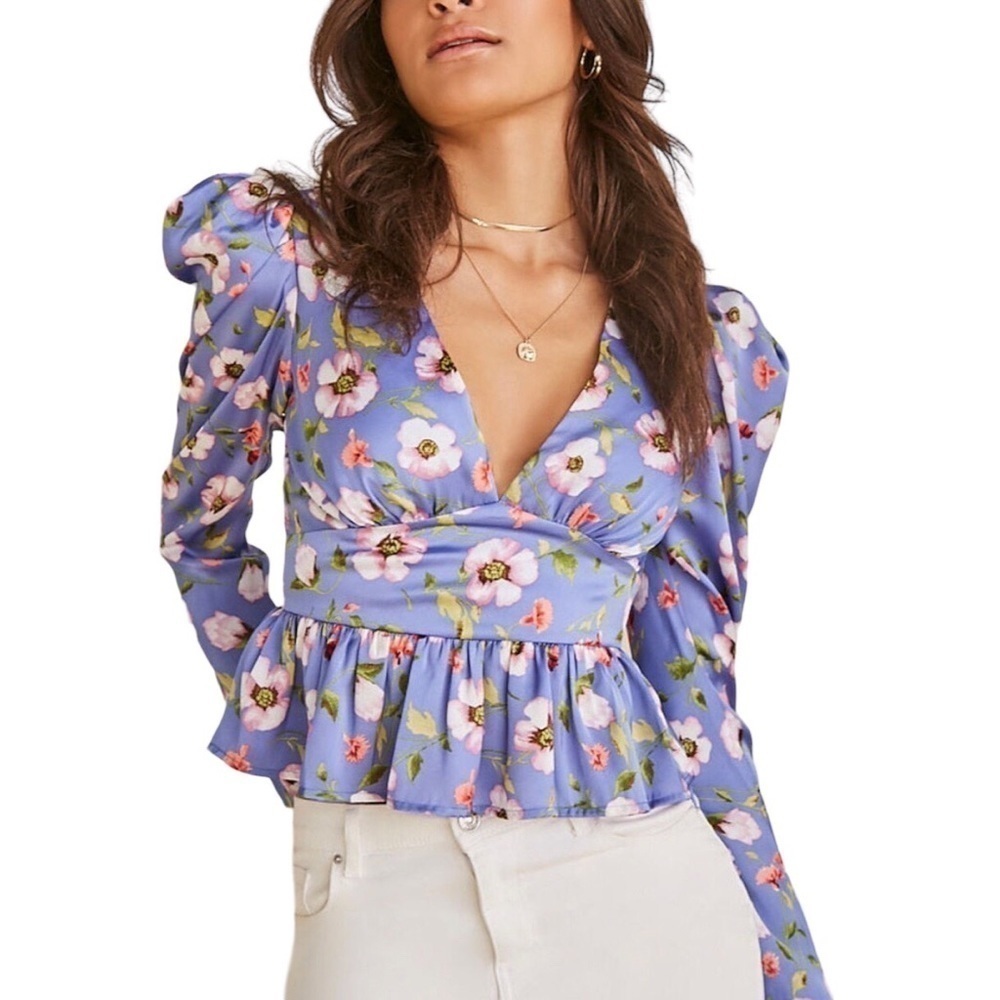 Forever 21 Satin Empire Waist Puff Long‎ Sleeve V Neck Top Lavender Floral NWT